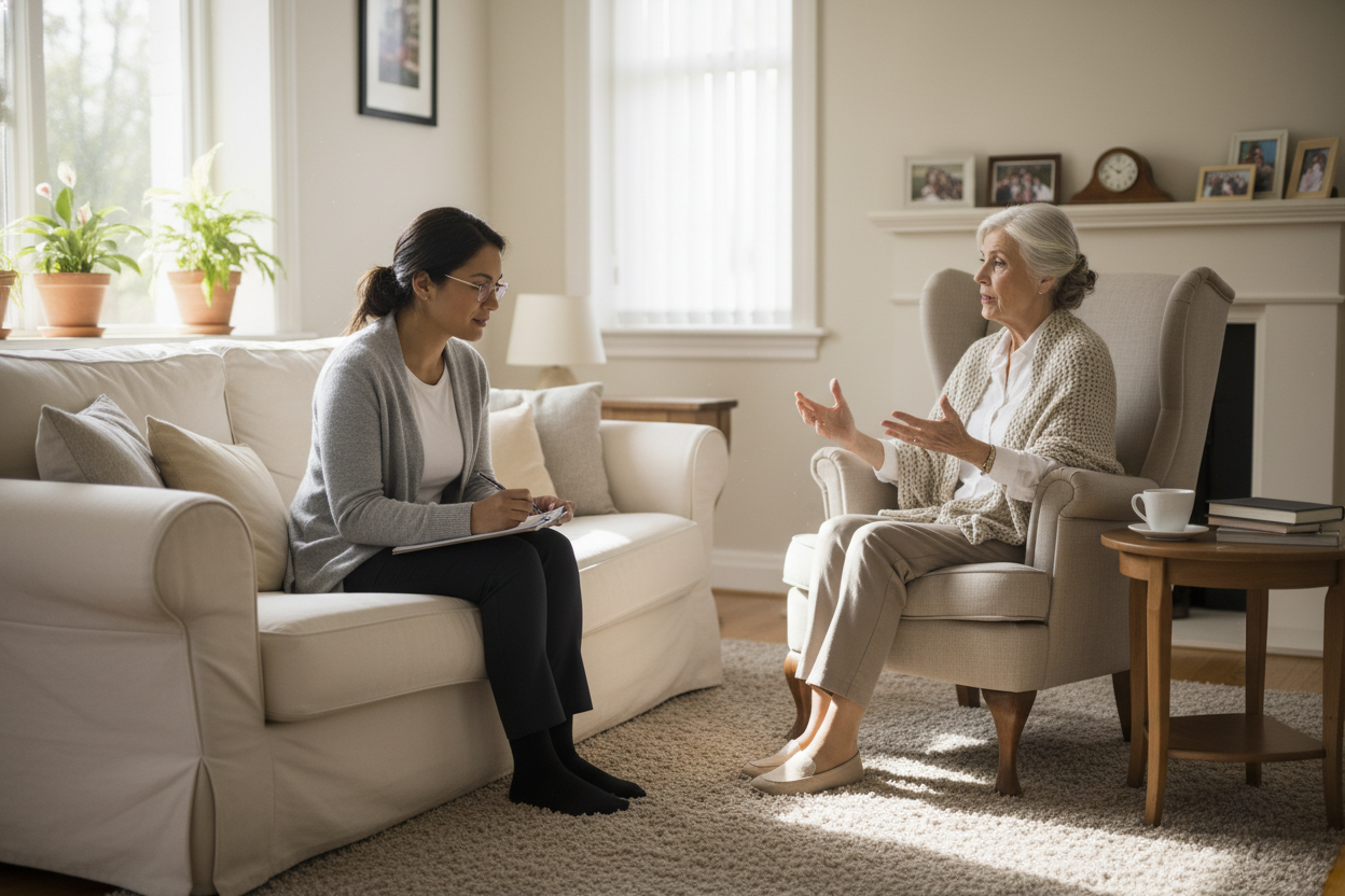 A person sitting with a client in a livingroom writing notes as the client talks to them